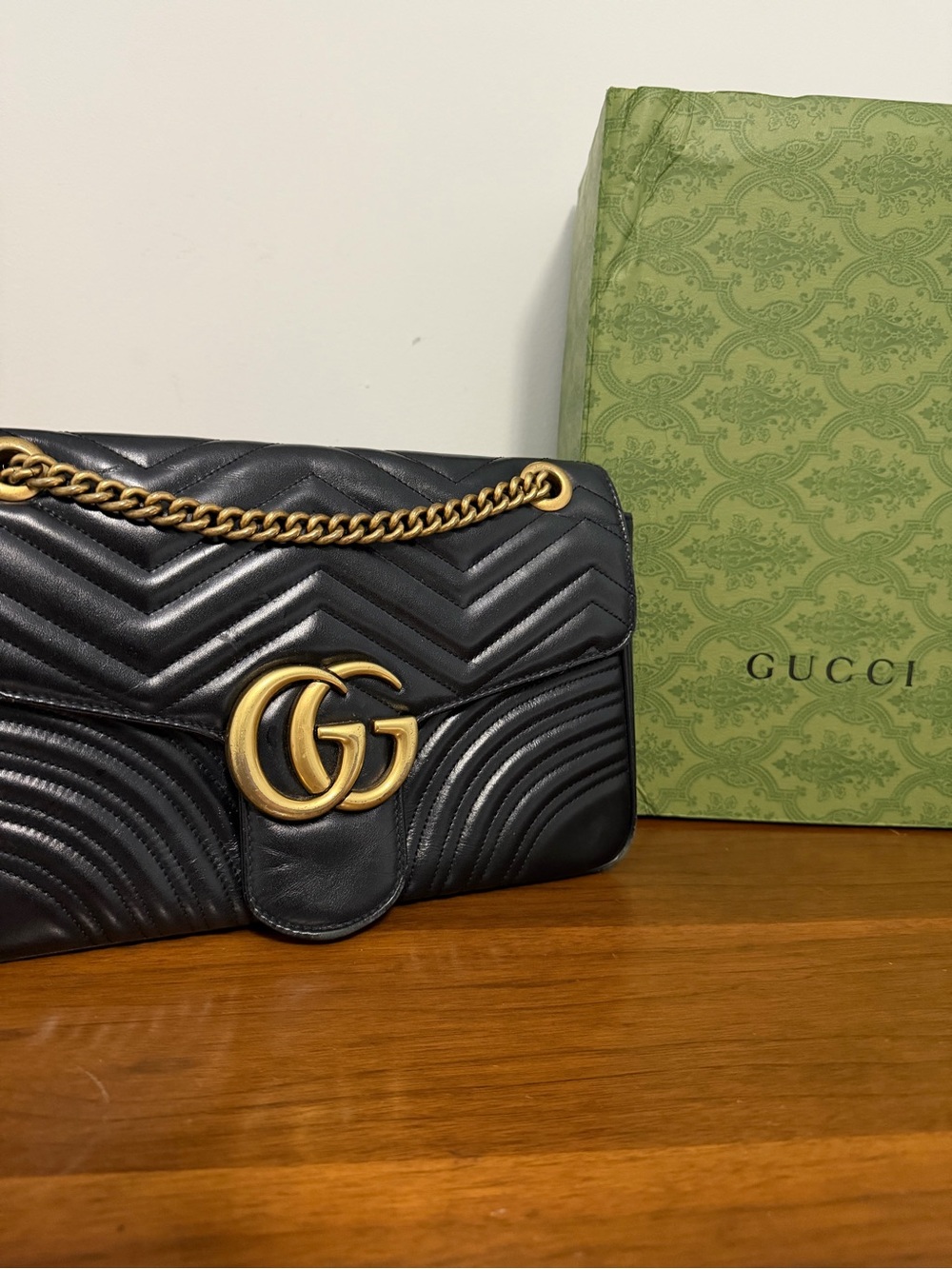 *Damaged* Gucci Black Quilted Chevron Leather Shoulder Bag with Box